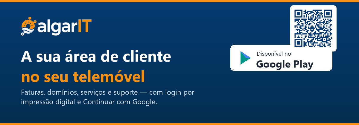 App AlgarIT — área de cliente no telemóvel. Disponível no Google Play.